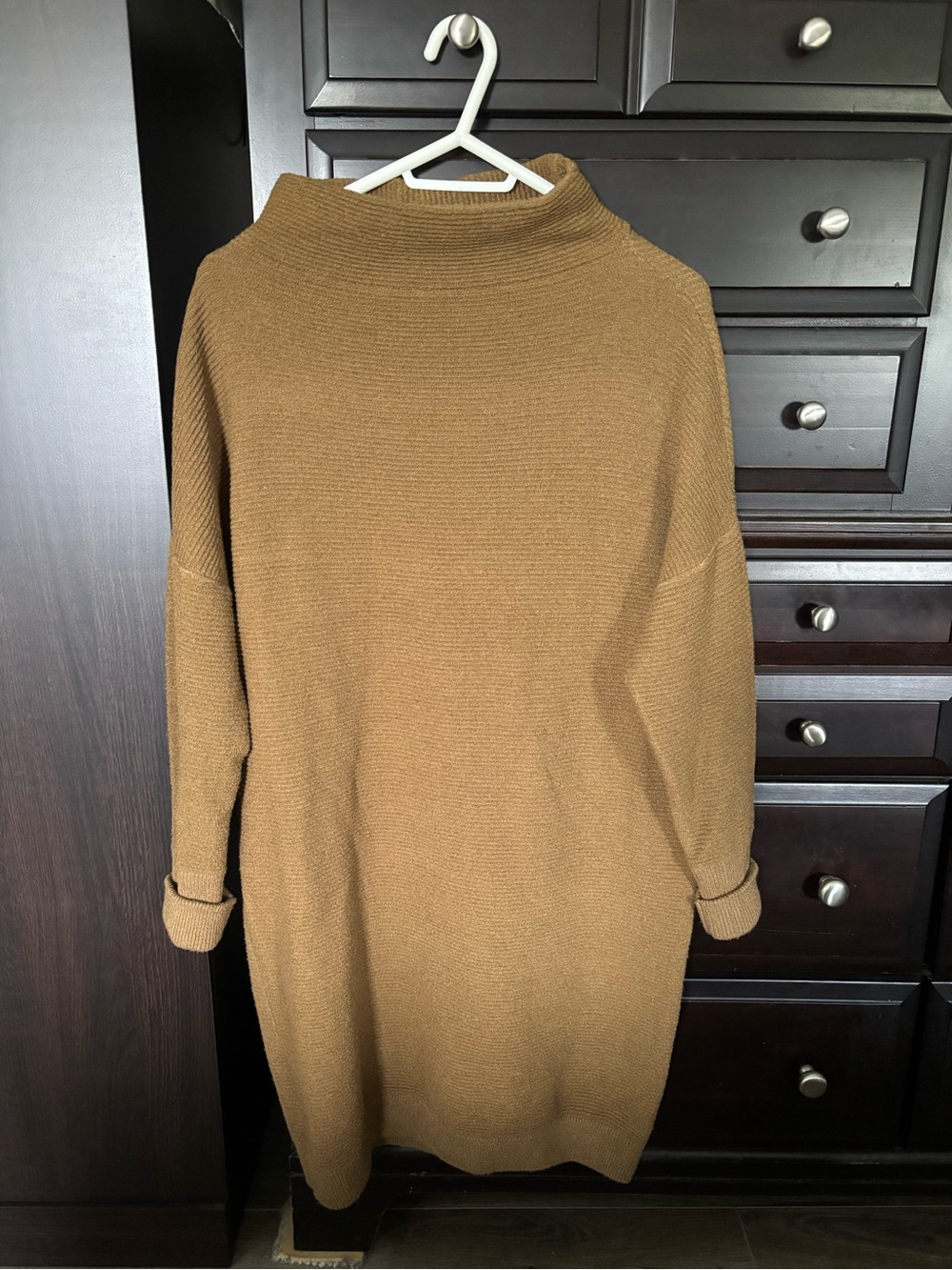 RD Style camel ottoman-knit mock neck tunic sweater (or short sweater dress)